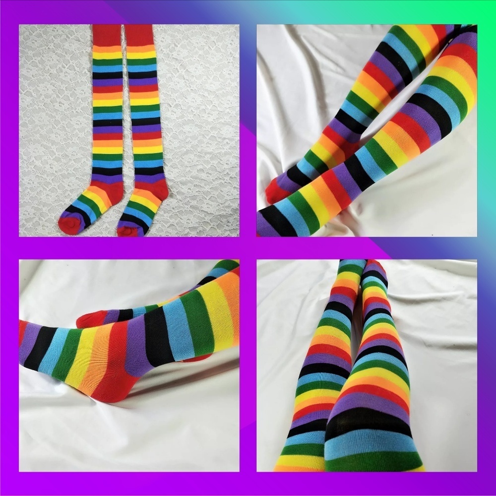 Thigh High Rainbow Stripe Socks - Picture 2 of 2